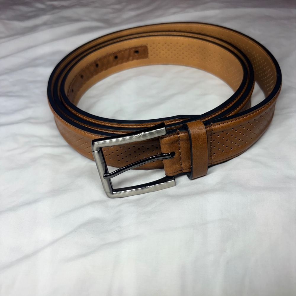 BQKJ‎ Mens Brown Perforated Faux Leather Belt Gunmetal Buckle Size 58-60